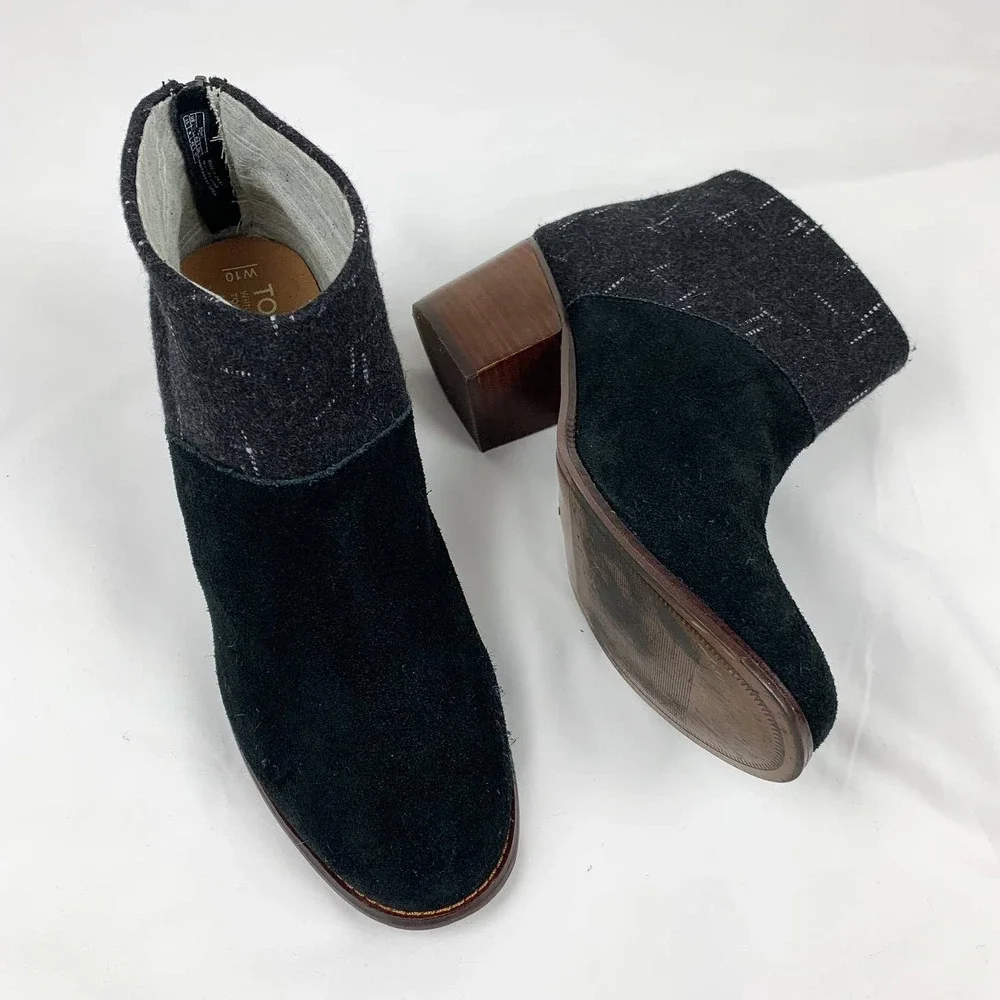 Toms Black Suede and Charcoal Tweed Ankle Booties